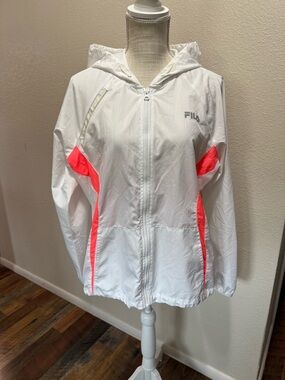Fila White Hooded Windbreaker with Neon Coral Accents - Size Large